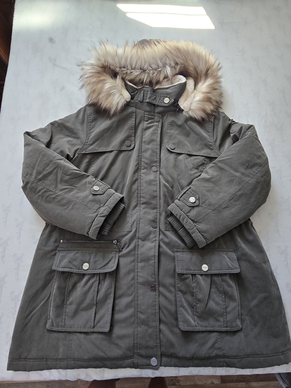 DKNY Olive Green Hooded Puffer Coat with Faux Fur Trim